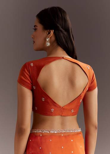 Orange Glass Tissue Saree With Cutdana And Sequins Scallop Border