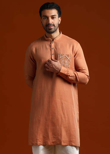 Orange Kurta Set For Men With Resham Work