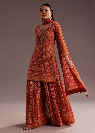 Orange Lucknowi Mirror Zardosi Kurta Palazzo Dupatta Set