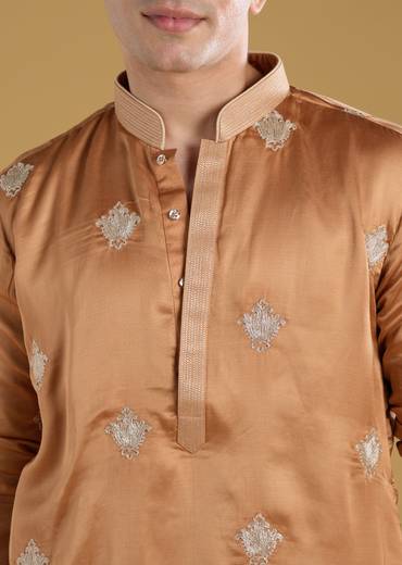 Orange Mens Kurta Set With Thread Motif Detail
