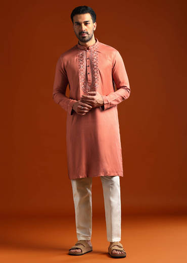 Orange Modal Kurta Set For Men With Thread Work