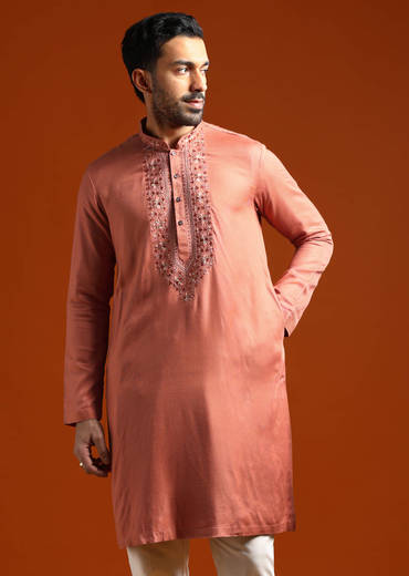 Orange Modal Kurta Set For Men With Thread Work