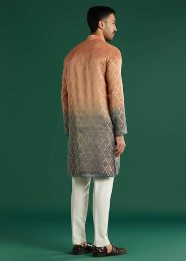 Orange Ombre Silk Kurta Set For Men With Diamond Pattern