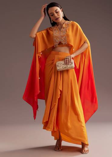 Orange Ombre Zardosi Moti Cape Skirt Set