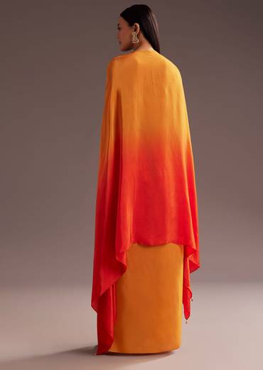 Orange Ombre Zardosi Moti Cape Skirt Set