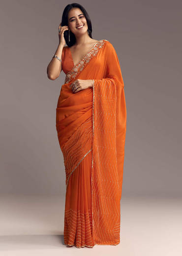 Orange Organza Saree With Zigzag Sequins And Cut Dana Embroidery