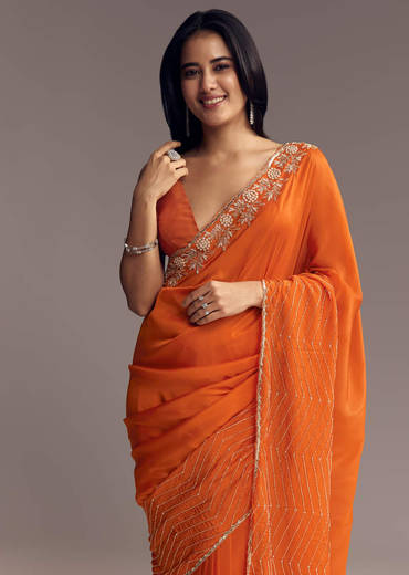 Orange Organza Saree With Zigzag Sequins And Cut Dana Embroidery