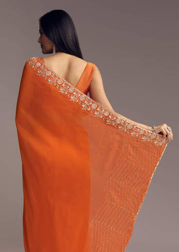 Orange Organza Saree With Zigzag Sequins And Cut Dana Embroidery
