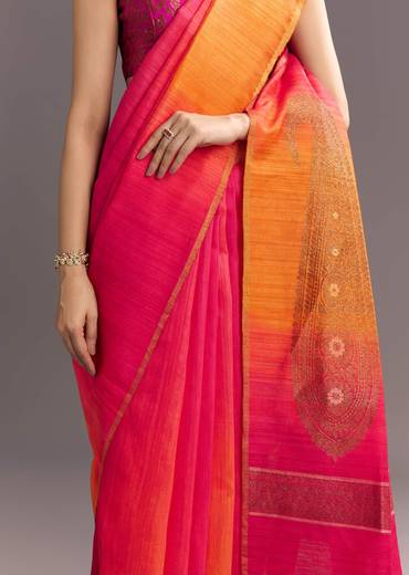 Orange Red Shaded Kora Silk Handloom Saree With Woven Motif