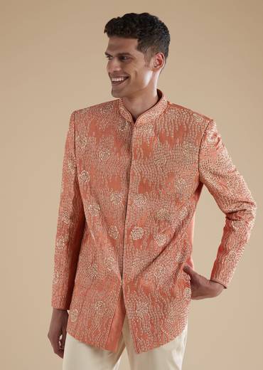 Orange Rust Raw Silk Mens Jodhpuris with Thread Resham Detail Work