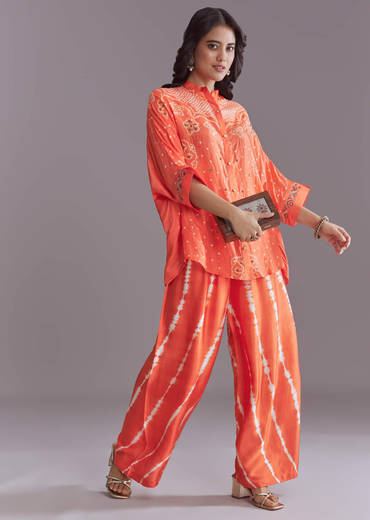 Orange Silk Co-Ord Set With Authentic Bandhani And Leheriya Print