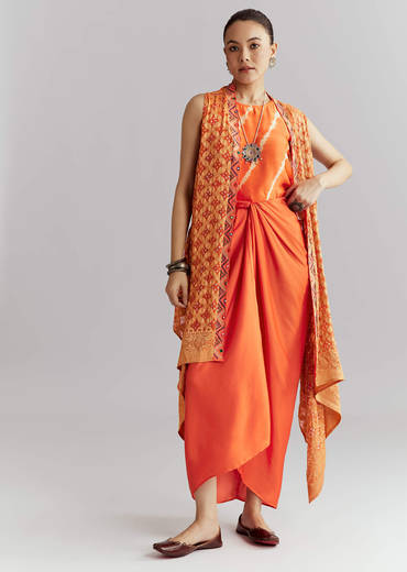 Orange Silk Crop Top And Wrap Skirt Set With Bandhani banarasi jacket