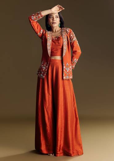 Orange Silk Crop Top Set With Thread And Sequin Jacket