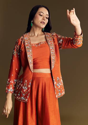 Orange Silk Crop Top Set With Thread And Sequin Jacket