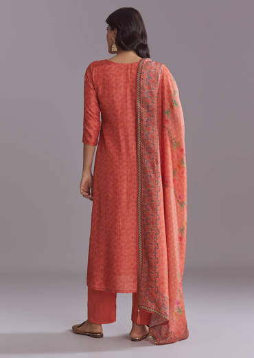 Orange Silk Kurta Set With Floral Print