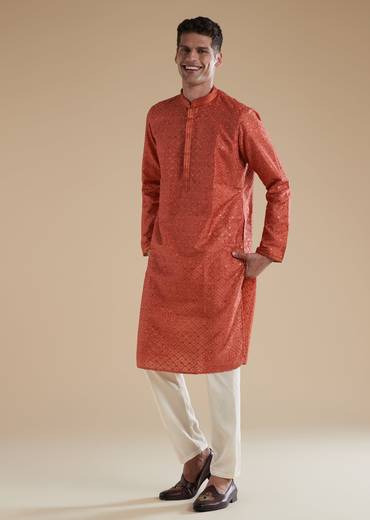 Orange Silk Kurta Set With Sequins Detail Work