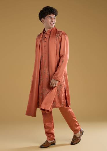 Orange Silk Kurta Set With Thread And Metal Detail Work