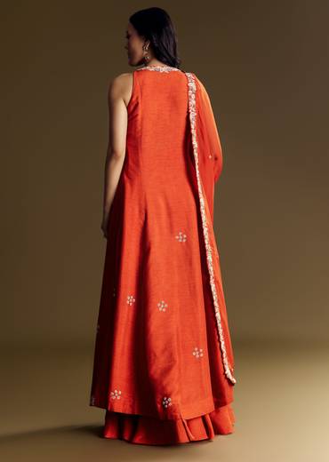 Orange Silk Palazzo Suit With Moti And Cut Dana Work