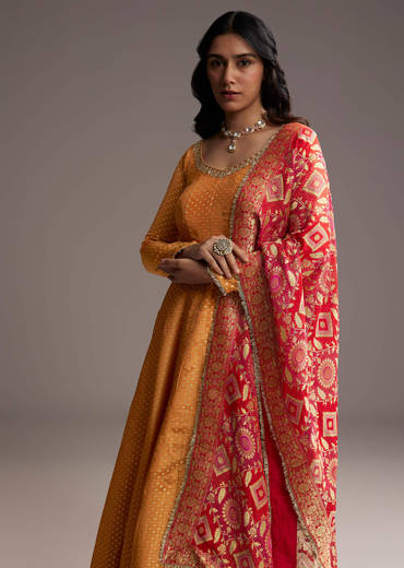 Orange Tissue Anarkali Suit With Butti Work And Printed Silk Dupatta