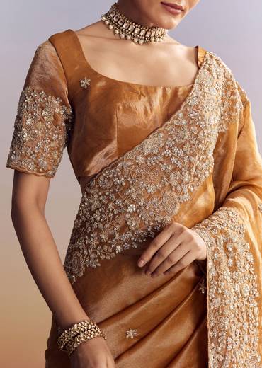 Orange Tissue Saree With Unstitched Heavy Embroidered Border