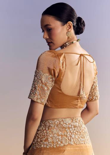 Orange Tissue Saree With Unstitched Heavy Embroidered Border