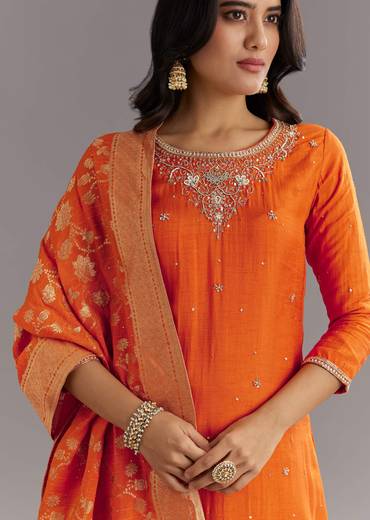 Orange Viscose Silk Kurta Set With Moti Beads and Cut Dana Detailing