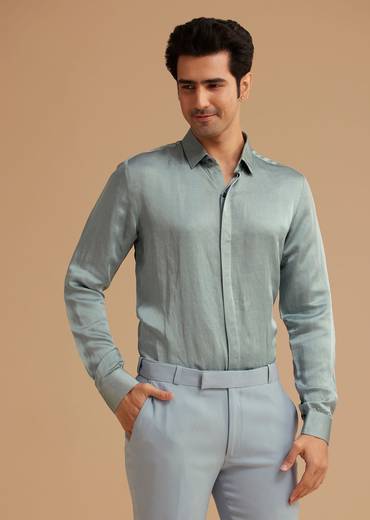 Pale Blue Cotton Satin Tuxedo With Handcrafted Cut Dana Work