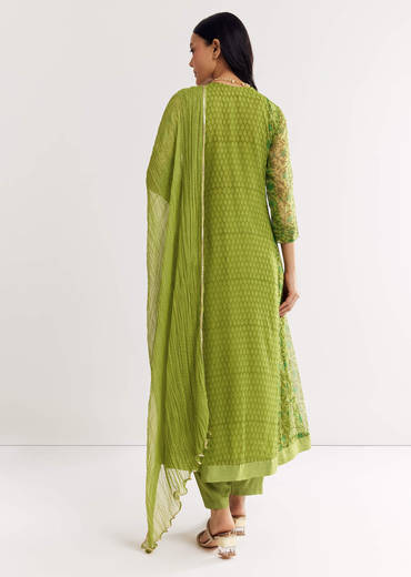 Parrot Green Floral Chiffon Anarkali Kurta Set With Dupatta