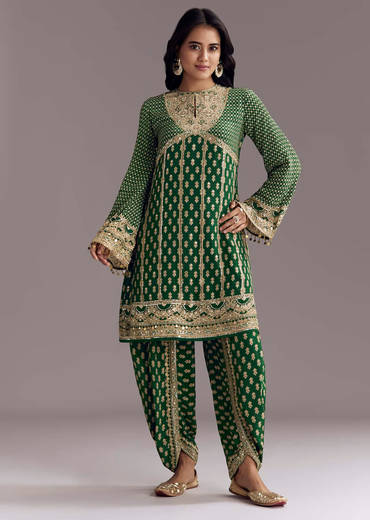 Green Printed Crepe Dhoti Set With Keyhole Neck