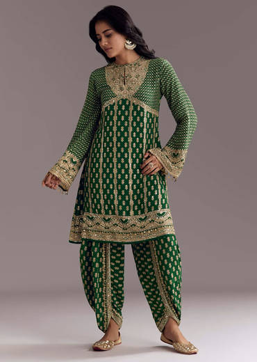 Green Printed Crepe Dhoti Set With Keyhole Neck