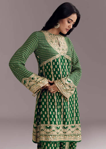 Green Printed Crepe Dhoti Set With Keyhole Neck