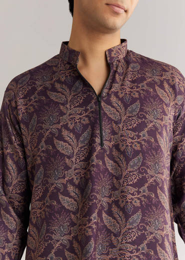 Pashmina Zipper Kurta Pant Set In Purple