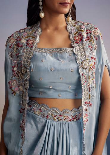 Pastel Blue Crop Top Skirt Set With Embroidered Cape Overlay