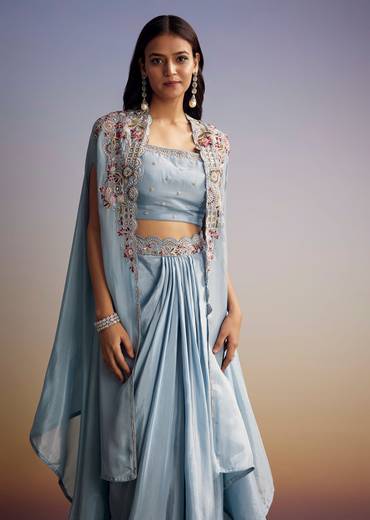Pastel Blue Crop Top Skirt Set With Embroidered Cape Overlay