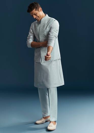 Pastel Blue Silk Kurta Jacket Set With Thread And Mirror Work