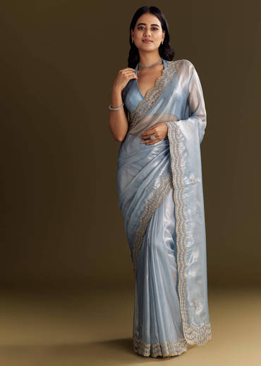 Pastel Blue Tissue Saree With Cutdana And Beads Scallop Border