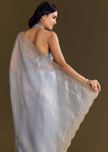 Pastel Blue Tissue Saree With Cutdana And Beads Scallop Border