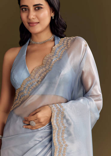 Pastel Blue Tissue Saree With Cutdana And Beads Scallop Border