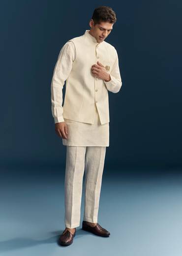 Pastel Off White Silk Kurta Jacket Set With Minimal Thread Detail