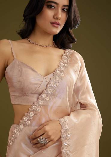 Pastel Peach Glass Tissue Stone Embellished Saree With Cutwork Border