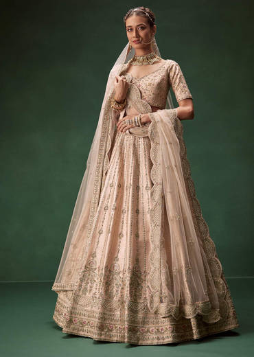 Pastel Pink Bridal Lehenga With Fully Embroidered Blouse And Layered Dupattas