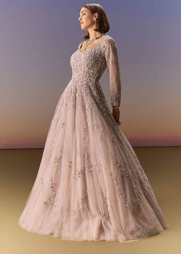 Pastel Pink Embroidered Gown With Full Sleeves