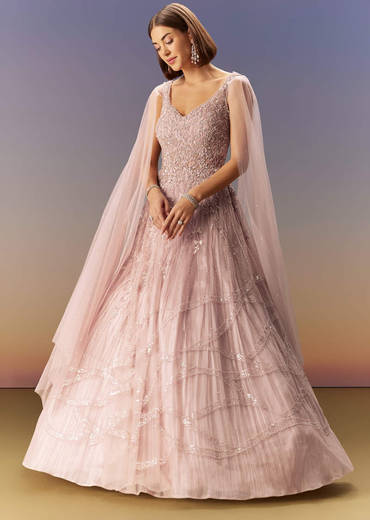 Pastel Pink Gown With Embellished Shoulder Cape Trails