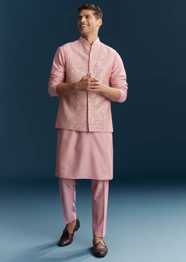 Pastel Pink Silk Kurta Jacket Set With Thread And Mirror Work