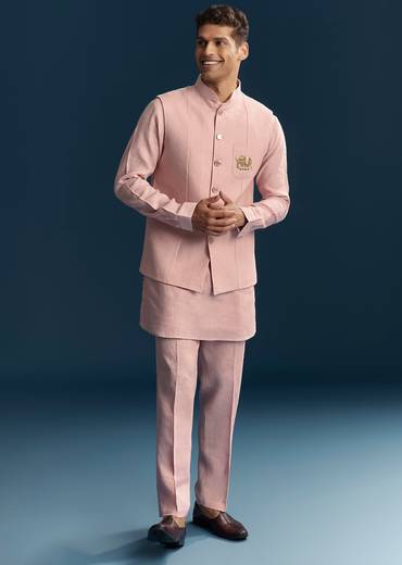 Pastel Pink Silk Kurta Jacket Set With Thread Detail Work