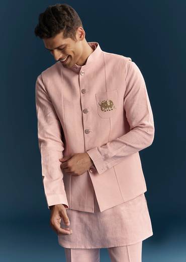 Pastel Pink Silk Kurta Jacket Set With Thread Detail Work