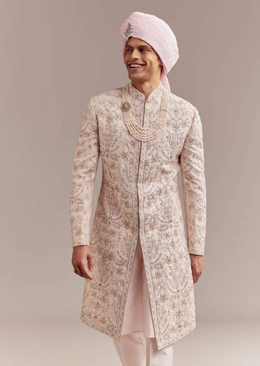 Pastel Pink Silk Sherwani For Groom With Intricate Embroidery