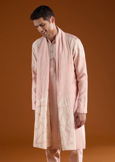 Peach Appliue Embroidered Mens Kurta Pant Set