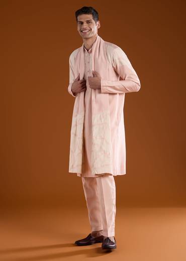 Peach Appliue Embroidered Mens Kurta Pant Set