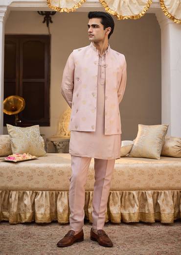 Peach Banarasi Embroidered Bandi Kurta Set